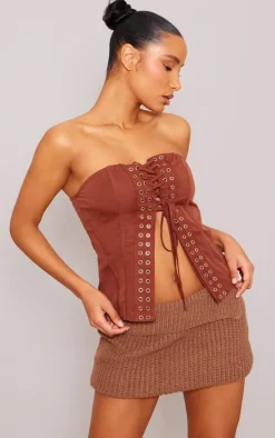 Brown Contrast Front Eyelet Lace Up Corset