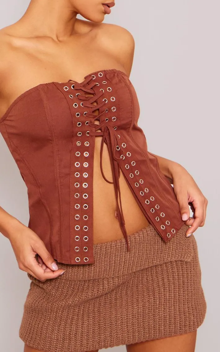 Brown Contrast Front Eyelet Lace Up Corset