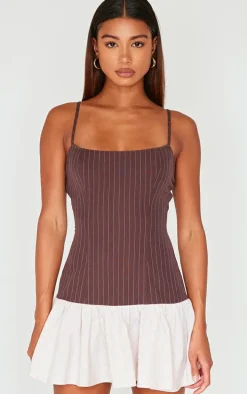 Brown Contrast Pinstripe Frill Hem Shift Dress