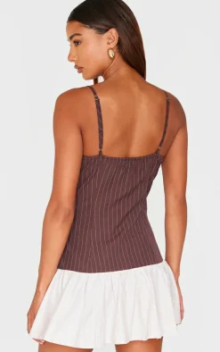 Brown Contrast Pinstripe Frill Hem Shift Dress