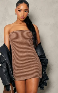 Brown Contrast Ribbed Bandeau Mini Dress
