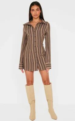 Brown Contrast Stripe Long Sleeve Shirt Dress