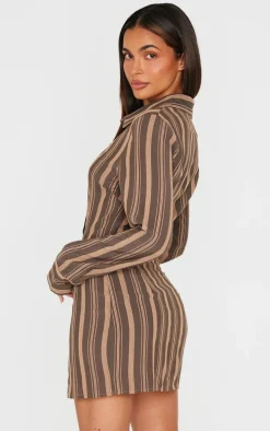 Brown Contrast Stripe Long Sleeve Shirt Dress
