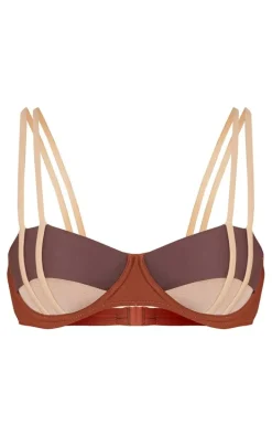 Brown Contrast Underwired Mesh Cut Out Bikini Top