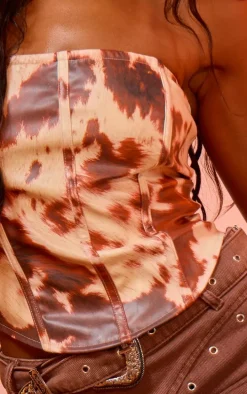 Brown Cow Print Faux Leather Corset