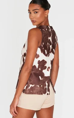 Brown Cow Print Longline Bengaline Vest