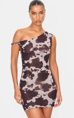 Brown Cow Print Mesh Asymmetric Bodycon Dress