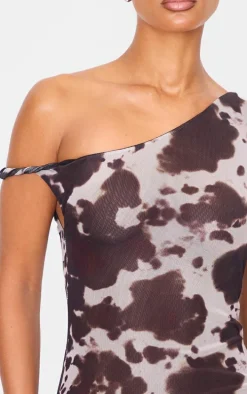 Brown Cow Print Mesh Asymmetric Bodycon Dress