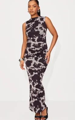 Brown Cow Print Mesh Maxi Dress