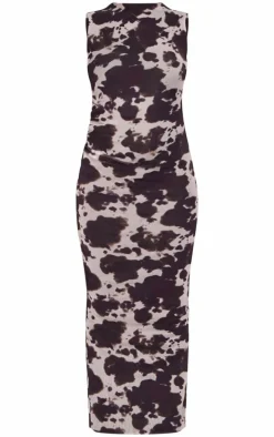 Brown Cow Print Mesh Maxi Dress