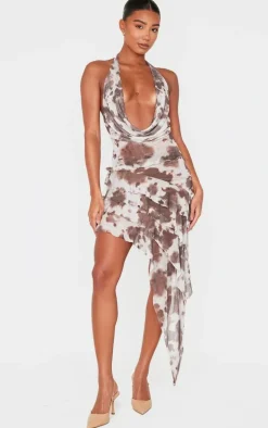 Brown Cow Print Mesh Rara Asymmetric Midaxi Skirt