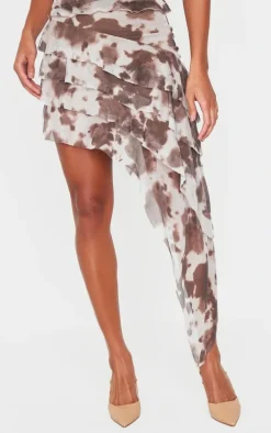 Brown Cow Print Mesh Rara Asymmetric Midaxi Skirt