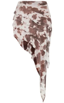 Brown Cow Print Mesh Rara Asymmetric Midaxi Skirt