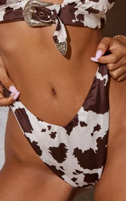 Brown Cow Print Thong Bikini Bottoms