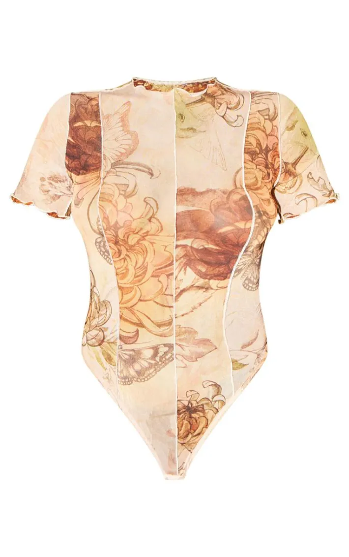 Brown Crinkle Mesh Exposed Seam Bodysuit