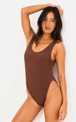 Brown Crinkle Scoop Back Swimsuit