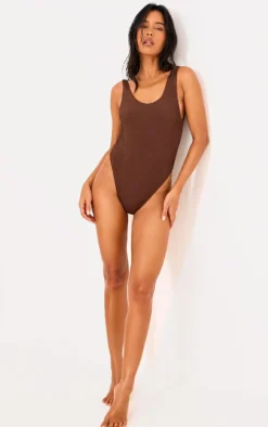 Brown Crinkle Scoop Back Swimsuit