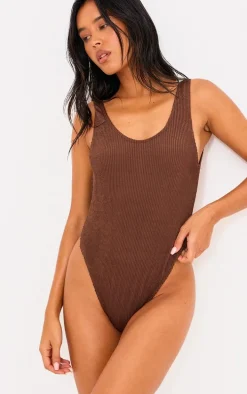 Brown Crinkle Scoop Back Swimsuit