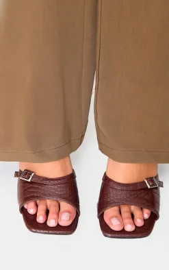 Brown Croc PU Square Toe Gold Buckle High Stiletto Heeled Mules