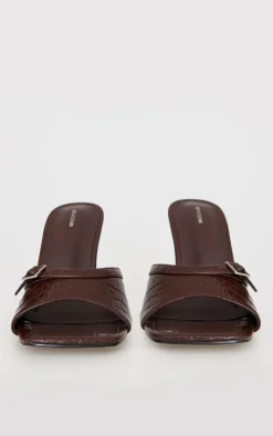 Brown Croc PU Square Toe Gold Buckle High Stiletto Heeled Mules