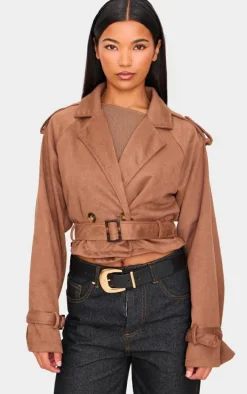 Brown Cropped Faux Suede Belted Trench Coat