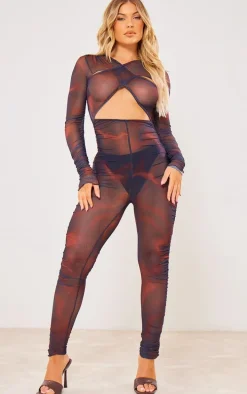 Brown Cross Front Mesh Ruched Jumpsuit