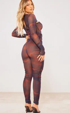 Brown Cross Front Mesh Ruched Jumpsuit