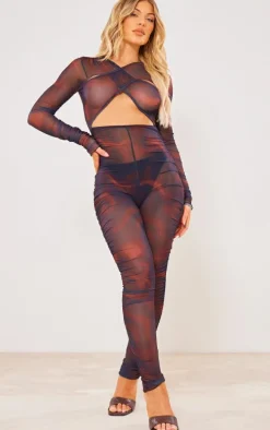 Brown Cross Front Mesh Ruched Jumpsuit