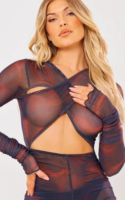 Brown Cross Front Mesh Ruched Jumpsuit