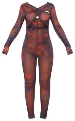 Brown Cross Front Mesh Ruched Jumpsuit