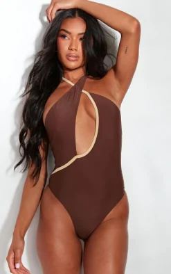Brown Cut Out Contrast Detail Swimsuit