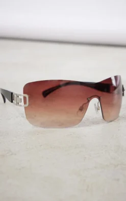 Brown Cut Out Detail Curved Visor Sunglasses