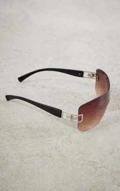 Brown Cut Out Detail Curved Visor Sunglasses