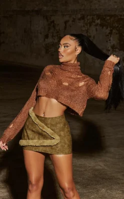 Brown Cut Out High Neck Knitted Crop Top