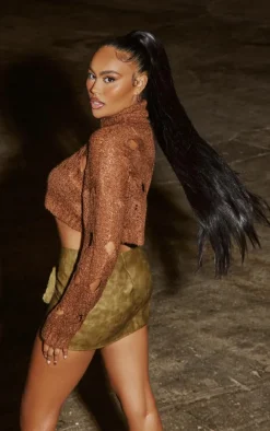 Brown Cut Out High Neck Knitted Crop Top