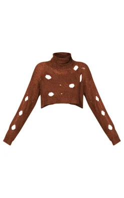 Brown Cut Out High Neck Knitted Crop Top