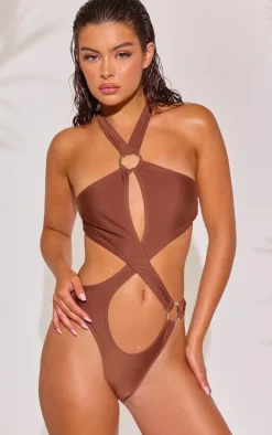 Brown Cut Out O Ring Halter Neck Swimsuit