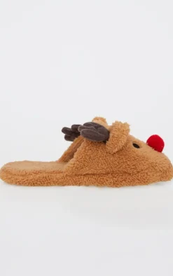 Brown 3D Reindeer Mule Slippers