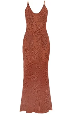 Brown Delicate Lace Skinny Strap Maxi Dress