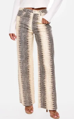 Brown Denim Low Waist Snake Print Wide Leg Jeans