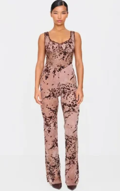 Brown Devore Boning Detail Strappy Flared Jumpsuit