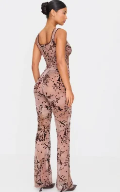 Brown Devore Boning Detail Strappy Flared Jumpsuit