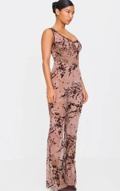 Brown Devore Boning Detail Strappy Flared Jumpsuit