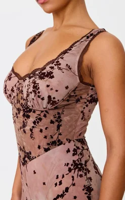 Brown Devore Boning Detail Strappy Flared Jumpsuit