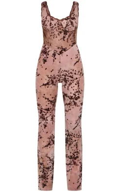 Brown Devore Boning Detail Strappy Flared Jumpsuit