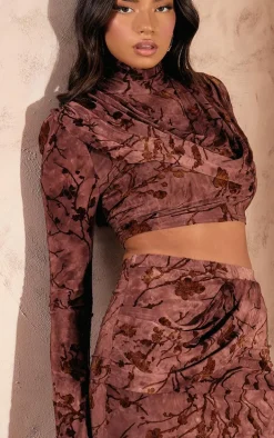 Brown Devore High Neck Drape Crop Top