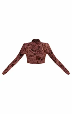 Brown Devore High Neck Drape Crop Top