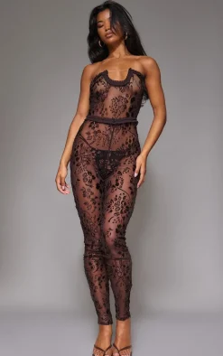 Brown Devore Mesh Bandeau Jumpsuit