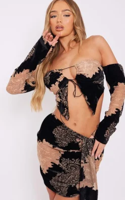 Brown Devore Mesh Drape Side Mini Skirt