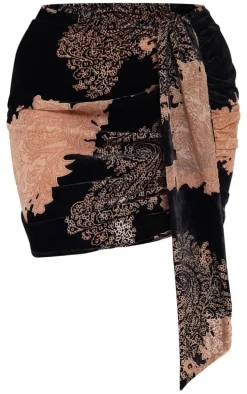 Brown Devore Mesh Drape Side Mini Skirt